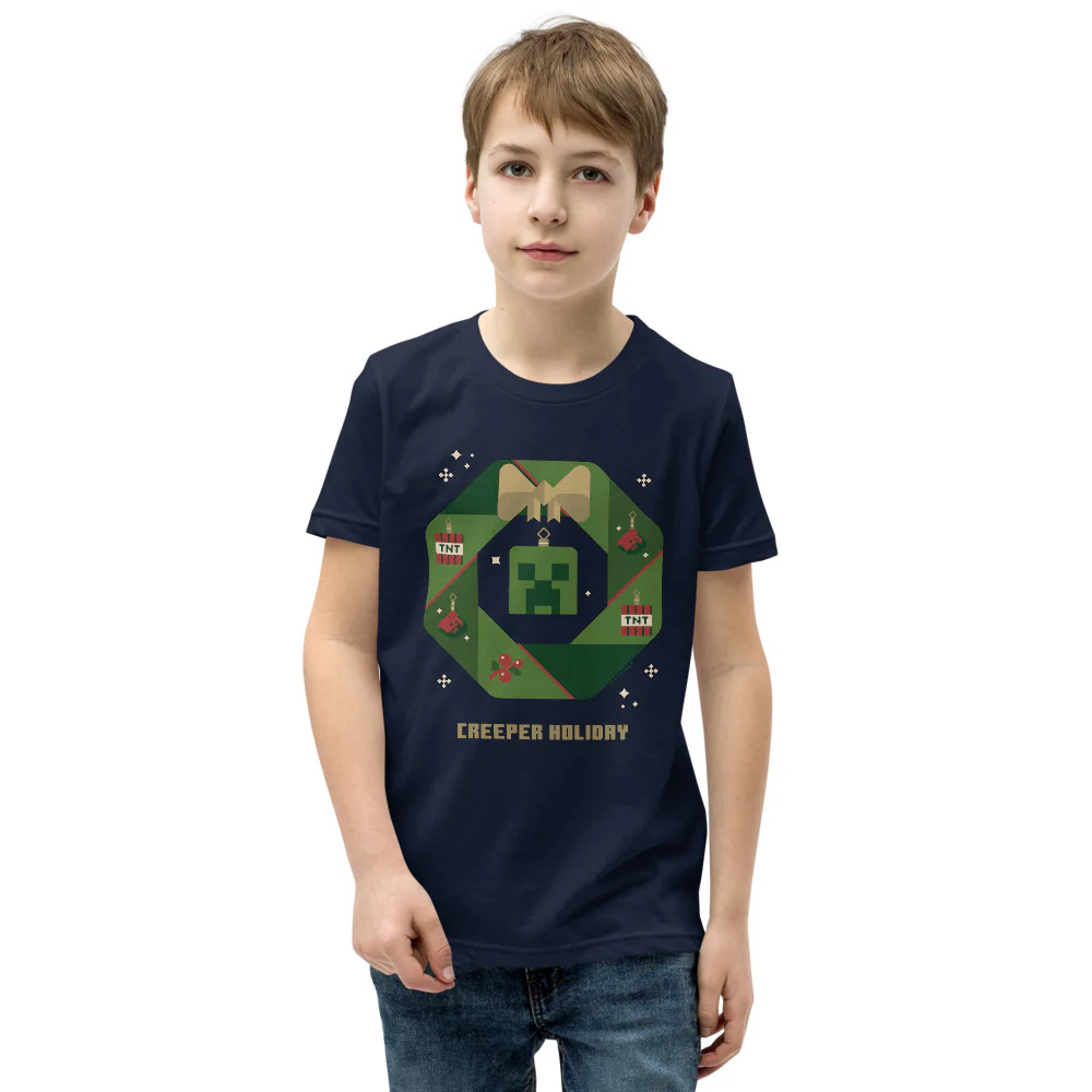 Minecraft Creeper Holiday Wreath Kids T-Shirt - Image 3