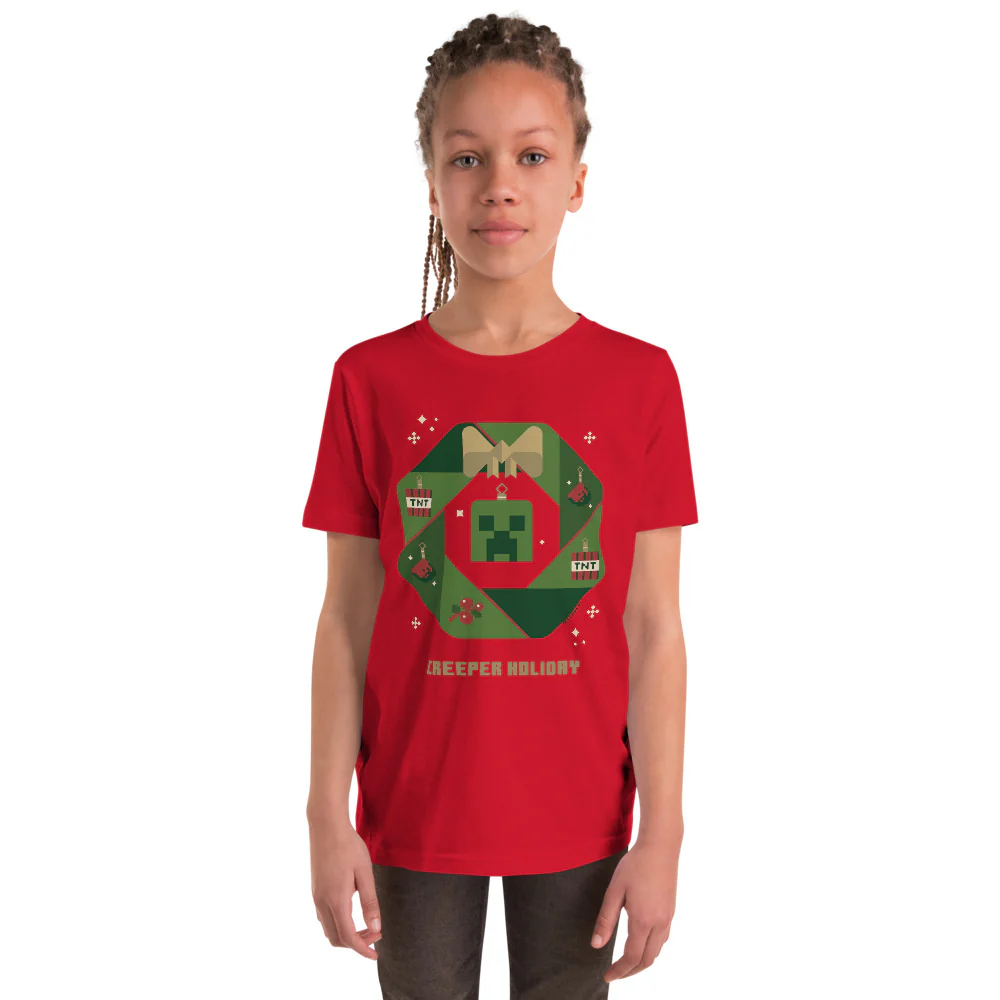 Minecraft Creeper Holiday Wreath Kids T-Shirt - Image 5